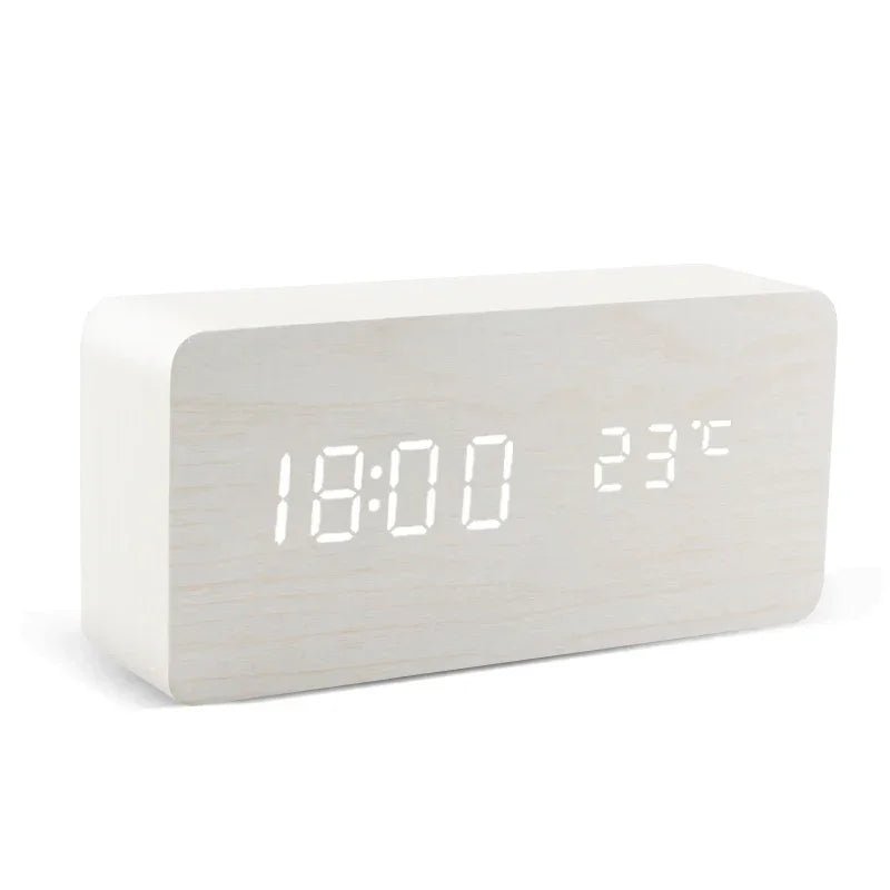 LED Wooden Digital Alarm Clock – Time Date Temperature Display Voice Control Desk Clock - L&L Shop