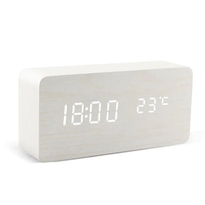 LED Wooden Digital Alarm Clock – Time Date Temperature Display Voice Control Desk Clock - L&L Shop