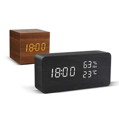 LED Wooden Digital Alarm Clock – Time Date Temperature Display Voice Control Desk Clock - L&L Shop