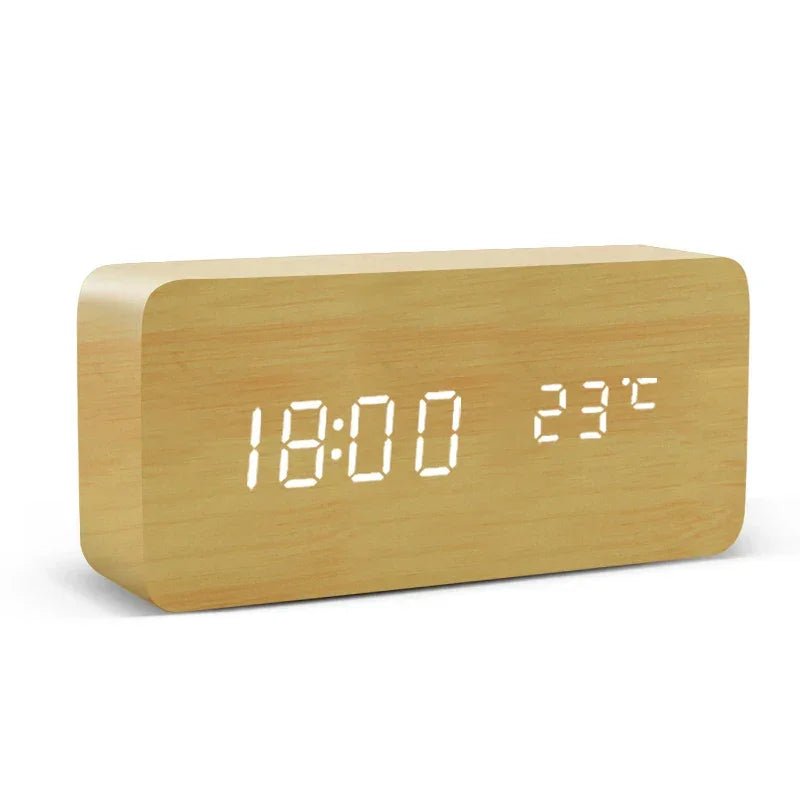 LED Wooden Digital Alarm Clock – Time Date Temperature Display Voice Control Desk Clock - L&L Shop