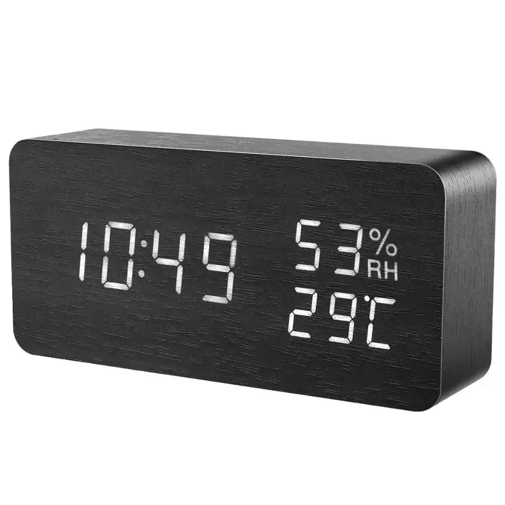LED Wooden Digital Alarm Clock – Time Date Temperature Display Voice Control Desk Clock - L&L Shop