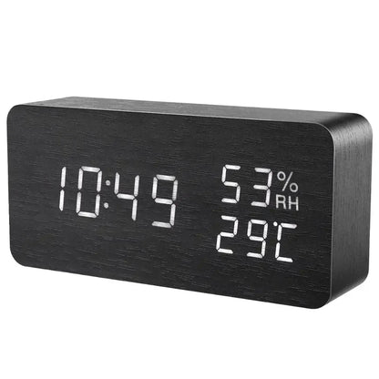 LED Wooden Digital Alarm Clock – Time Date Temperature Display Voice Control Desk Clock - L&L Shop