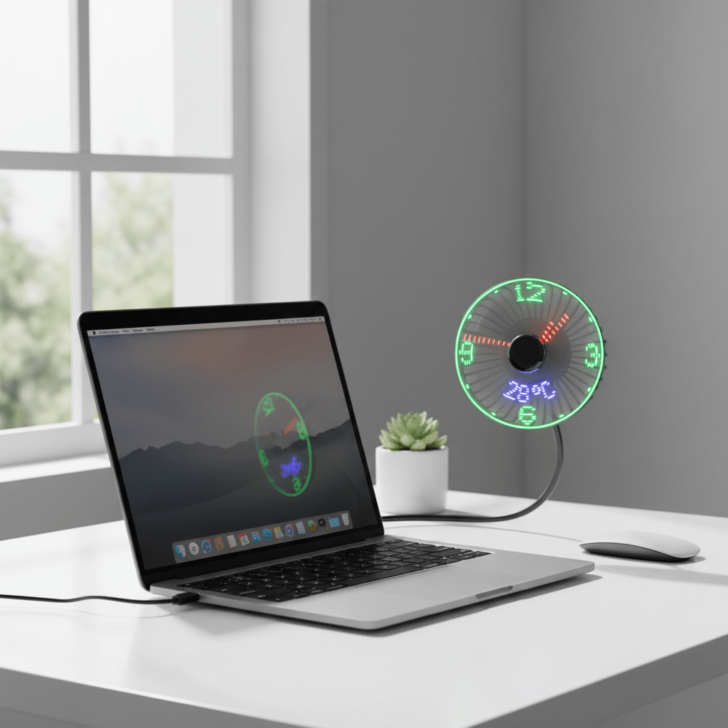 USB Mini Fan with RGB LED Clock Display – Real - Time Temperature, Flexible Neck, Silent Desktop Cooler - L&L Shop
